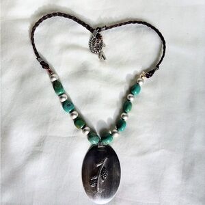 Turquoise & Pewter Beaded Necklace With Braided Leather Cord Pine Cone Pewter
